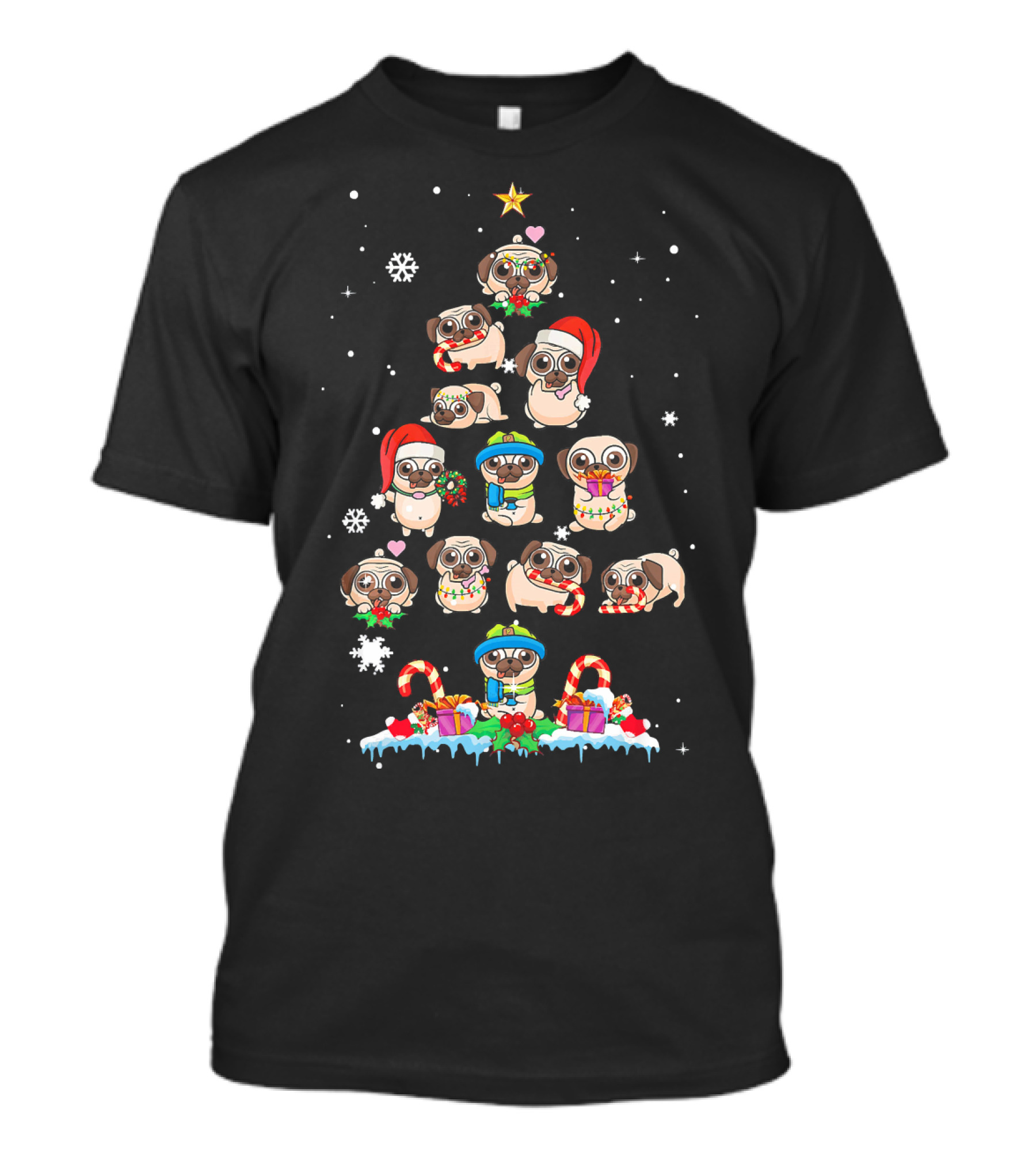 Pug Christmas Tree Santa Hat Snowflakes Merry Pugmas Festive Dogs T-Shirt