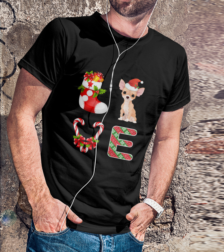 I Love Chihuahua Funny Santa Christmas Chihuahua Stocking And Candy Canes T-Shirt