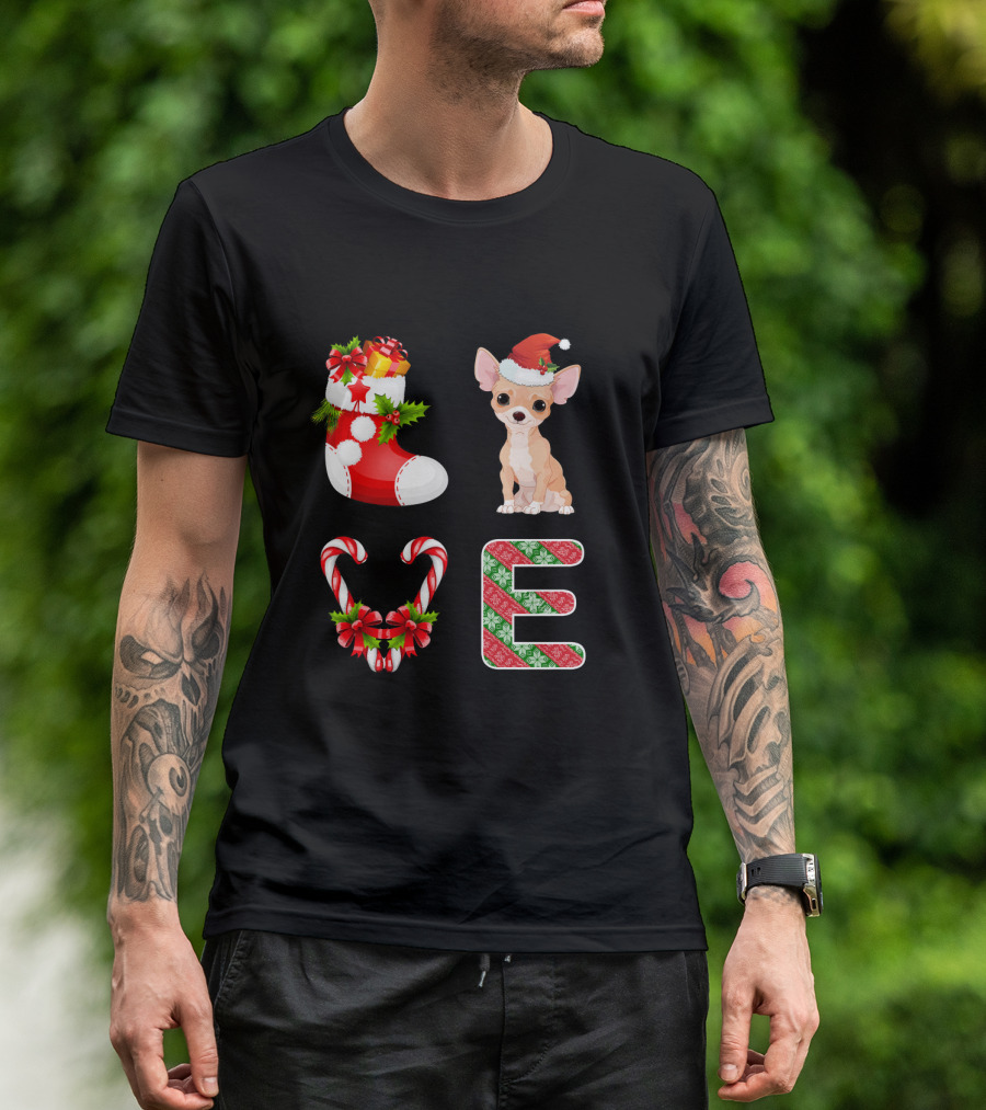 I Love Chihuahua Funny Santa Christmas Chihuahua Stocking And Candy Canes T-Shirt