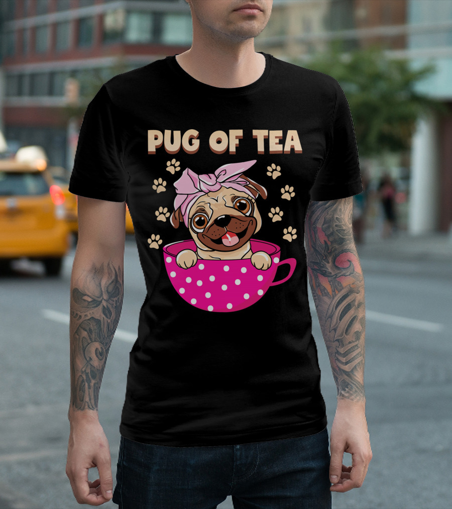Pug Of Tea Pug Dog In Pink Polka Dot Cup T-Shirt