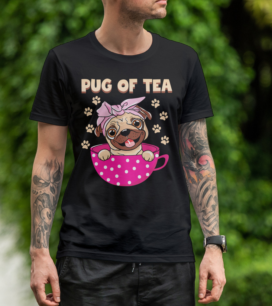 Pug Of Tea Pug Dog In Pink Polka Dot Cup T-Shirt