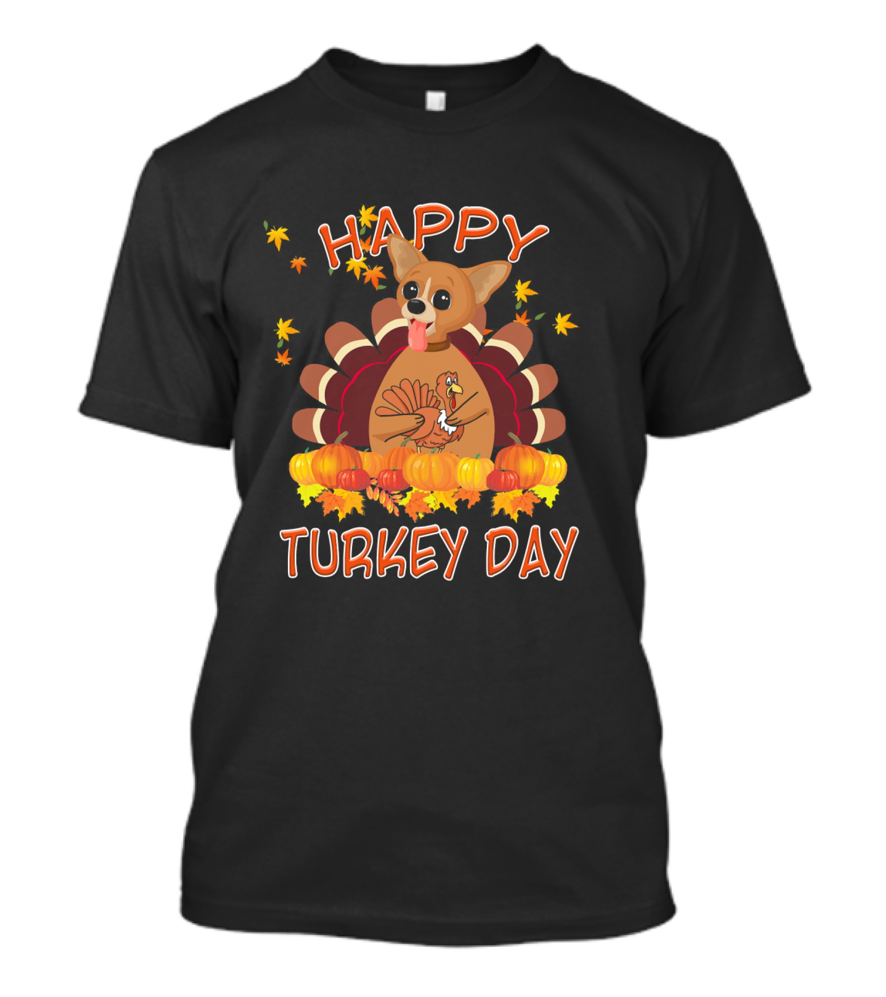 Happy Turkey Day Funny Chihuahua Pum With Festive Autumn Leaves And Pumpkins T-Shirt
