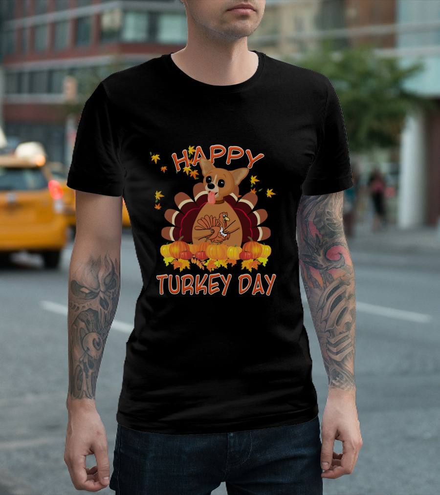 Happy Turkey Day Funny Chihuahua Pum With Festive Autumn Leaves And Pumpkins T-Shirt
