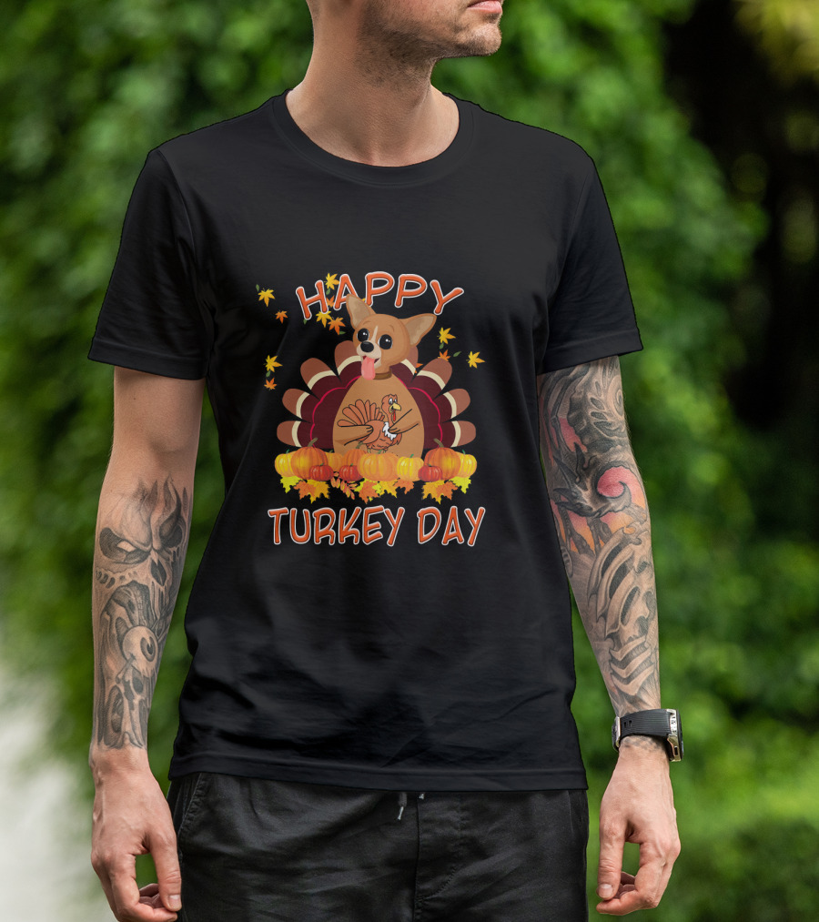 Happy Turkey Day Funny Chihuahua Pum With Festive Autumn Leaves And Pumpkins T-Shirt