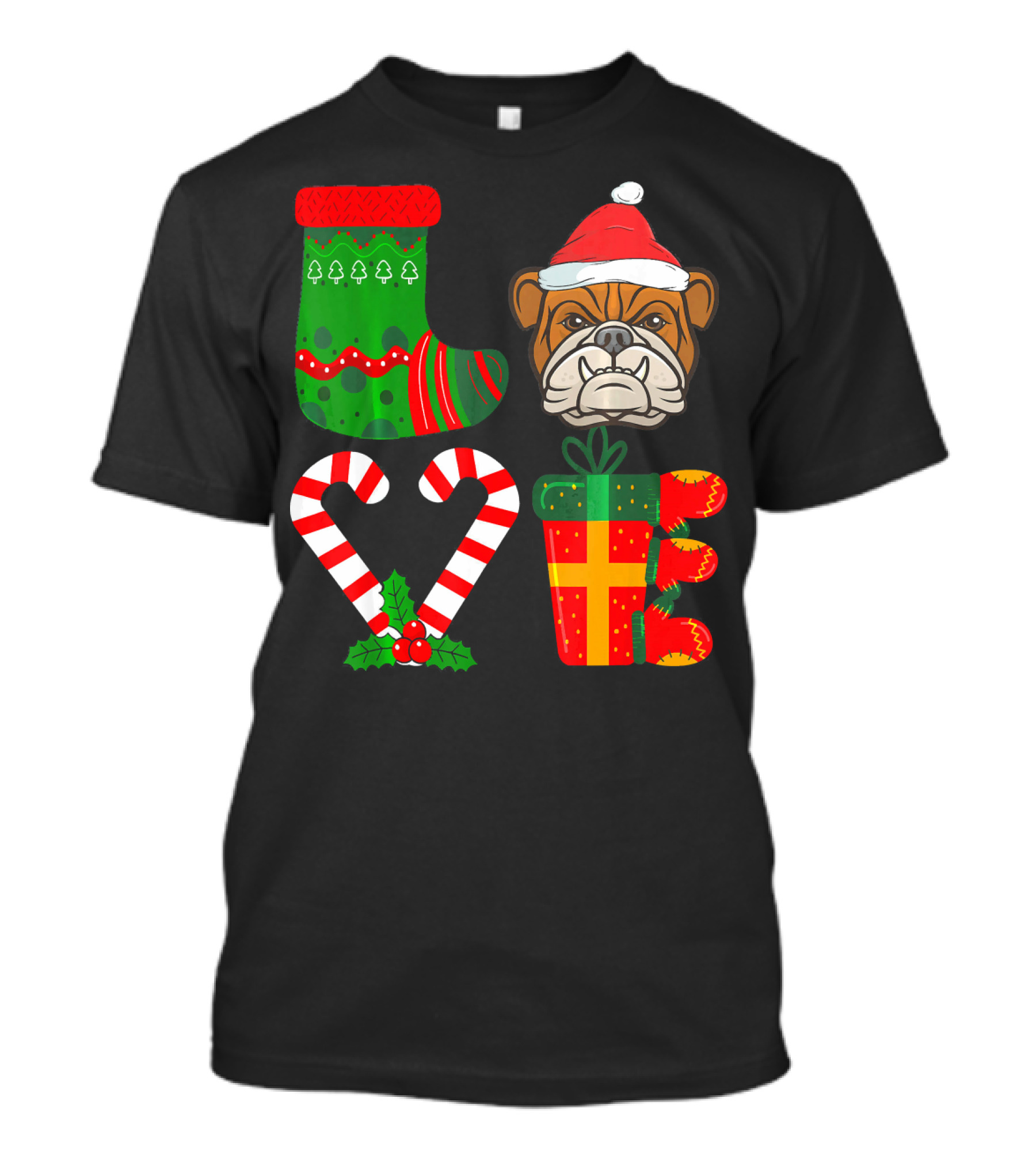Lover English Bulldog Christmas Sock Candy Cane Present Santa Hat T-Shirt