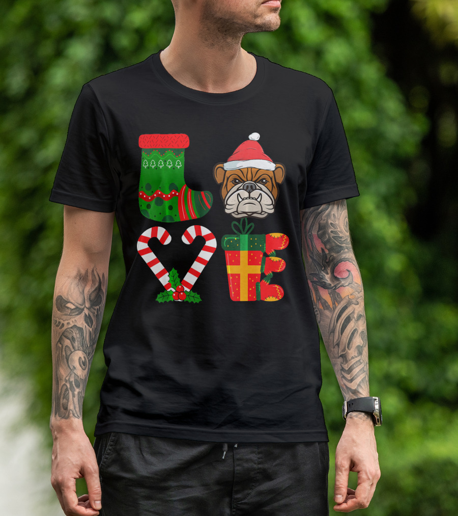 Lover English Bulldog Christmas Sock Candy Cane Present Santa Hat T-Shirt