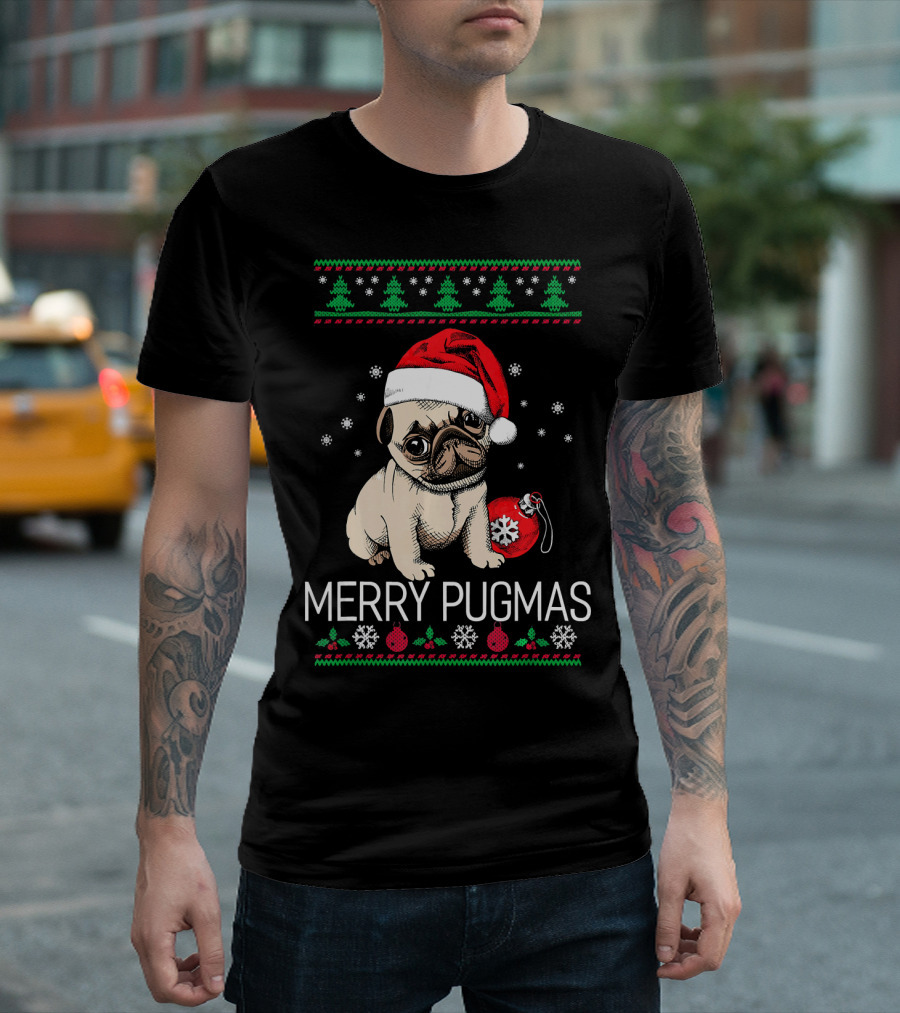 Merry Pugmas Pug in Santa Hat with Christmas Ornaments and Trees T-Shirt