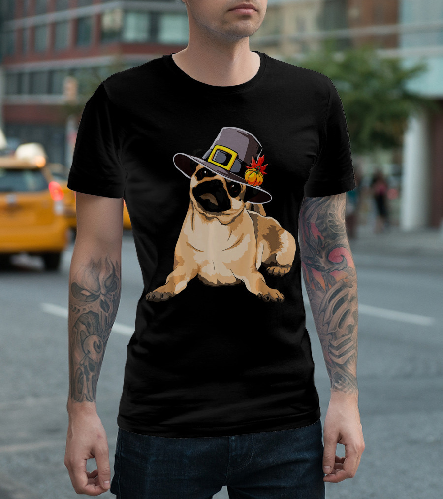 Pug Dog Pilgrim Hat Dog Lover Thanksgiving Happy T-Shirt