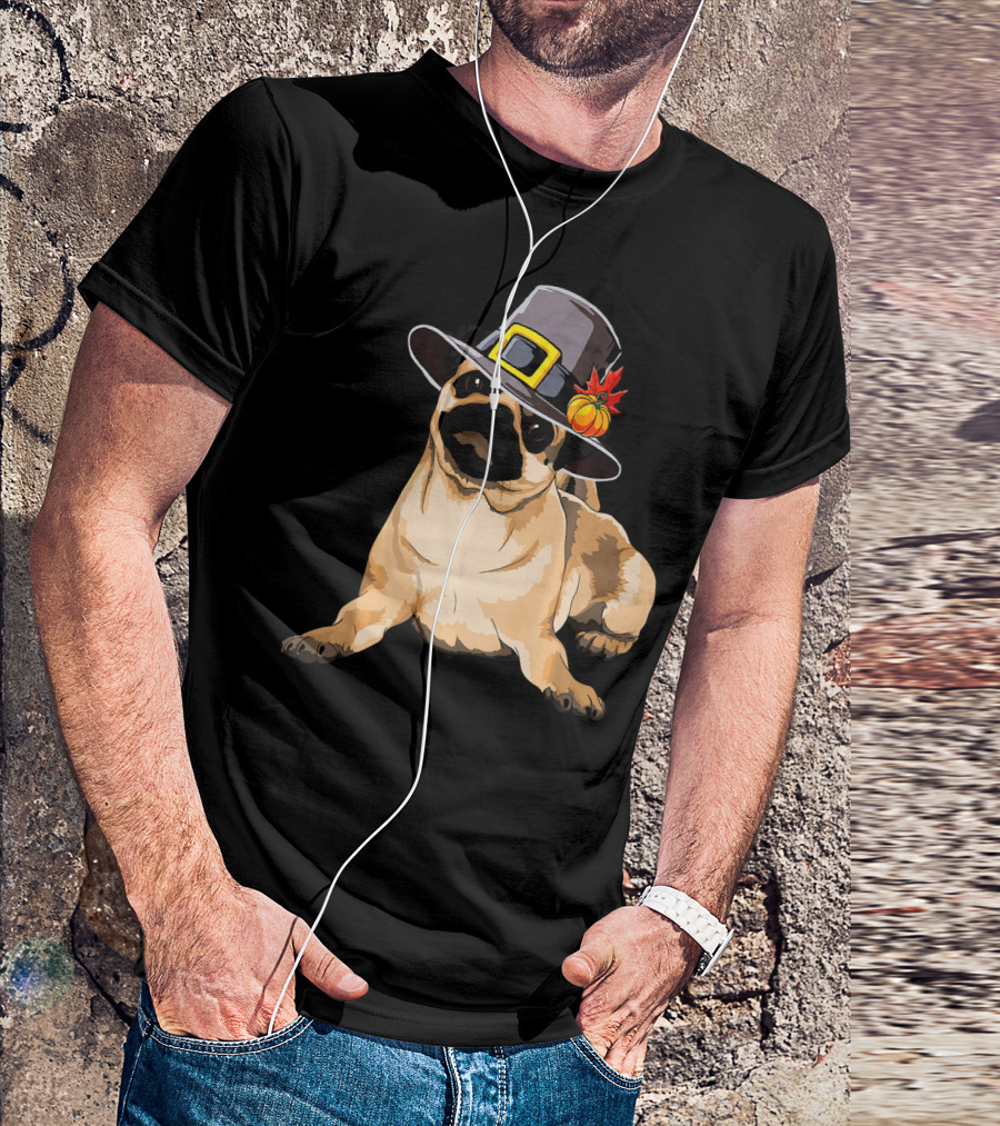 Pug Dog Pilgrim Hat Dog Lover Thanksgiving Happy T-Shirt