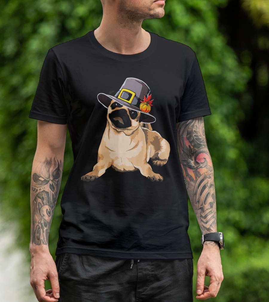 Pug Dog Pilgrim Hat Dog Lover Thanksgiving Happy T-Shirt