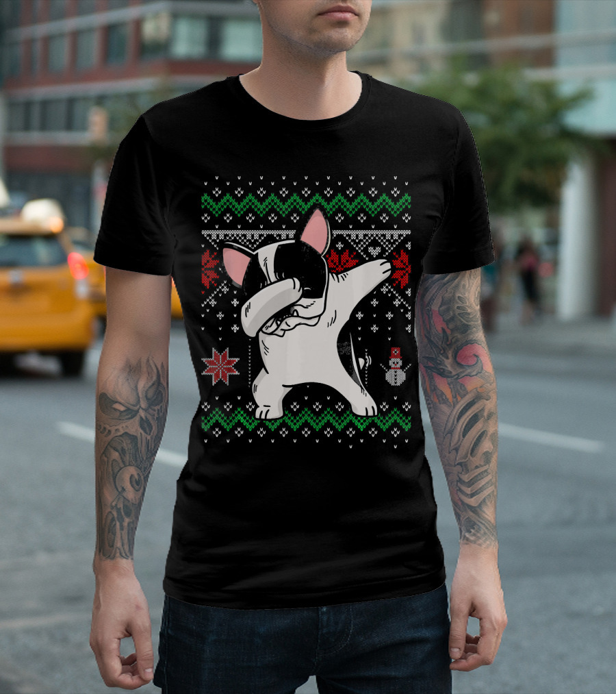 Pied French Bulldog Dabbing Ugly Christmas T-Shirt