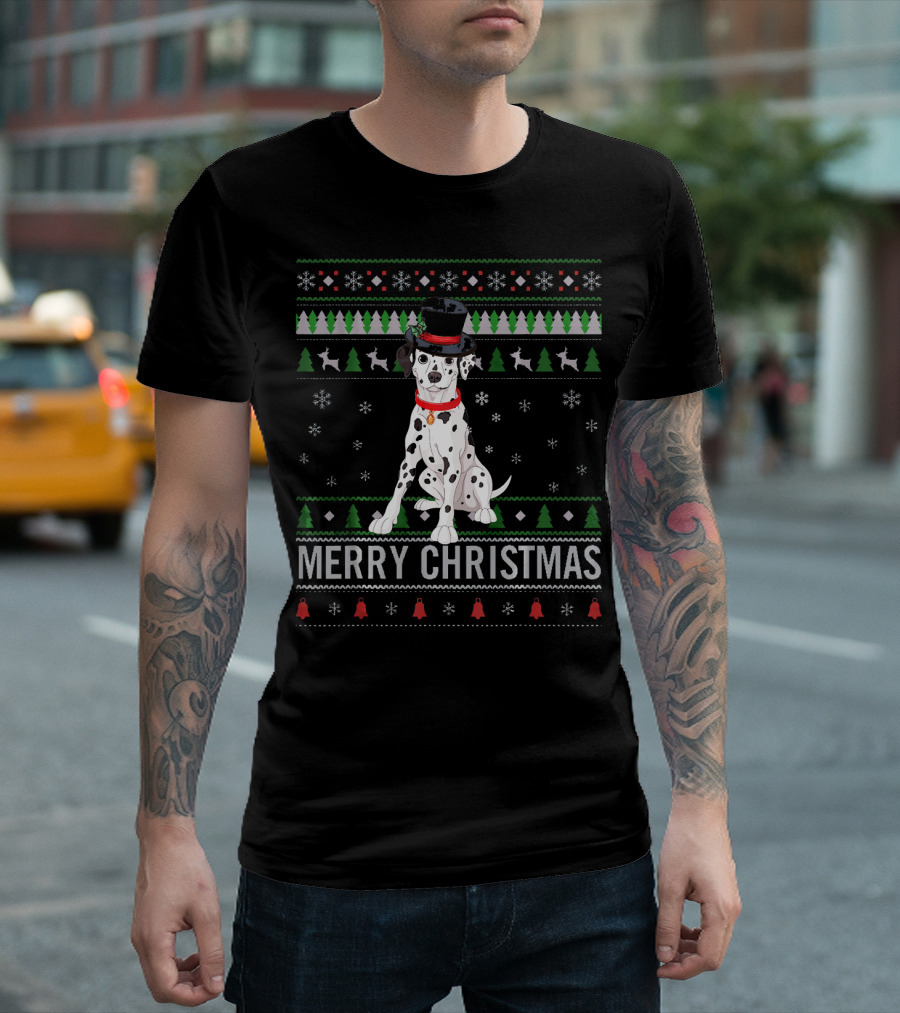 Merry Christmas Dalmatian Dog With Festive Hat And Holiday T-Shirt