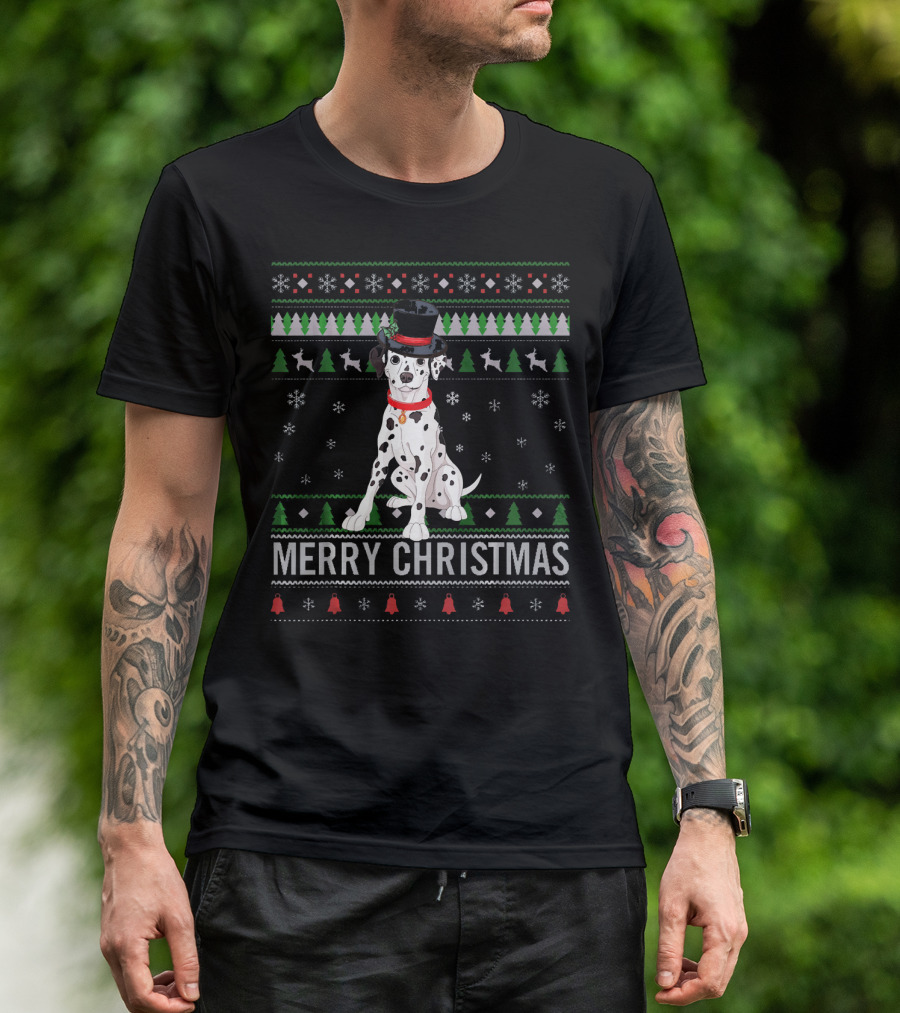 Merry Christmas Dalmatian Dog With Festive Hat And Holiday T-Shirt