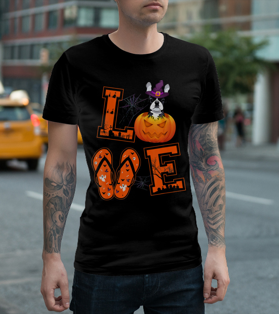 LOVE Halloween French Bulldog Pumpkin Jack-O'-Lantern T-Shirt