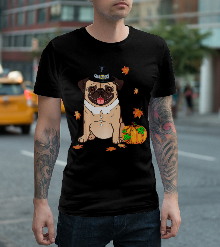 Pug Pilgrim Thanksgiving Costume with Pumpkin and Autumn Leaves T-Shirt