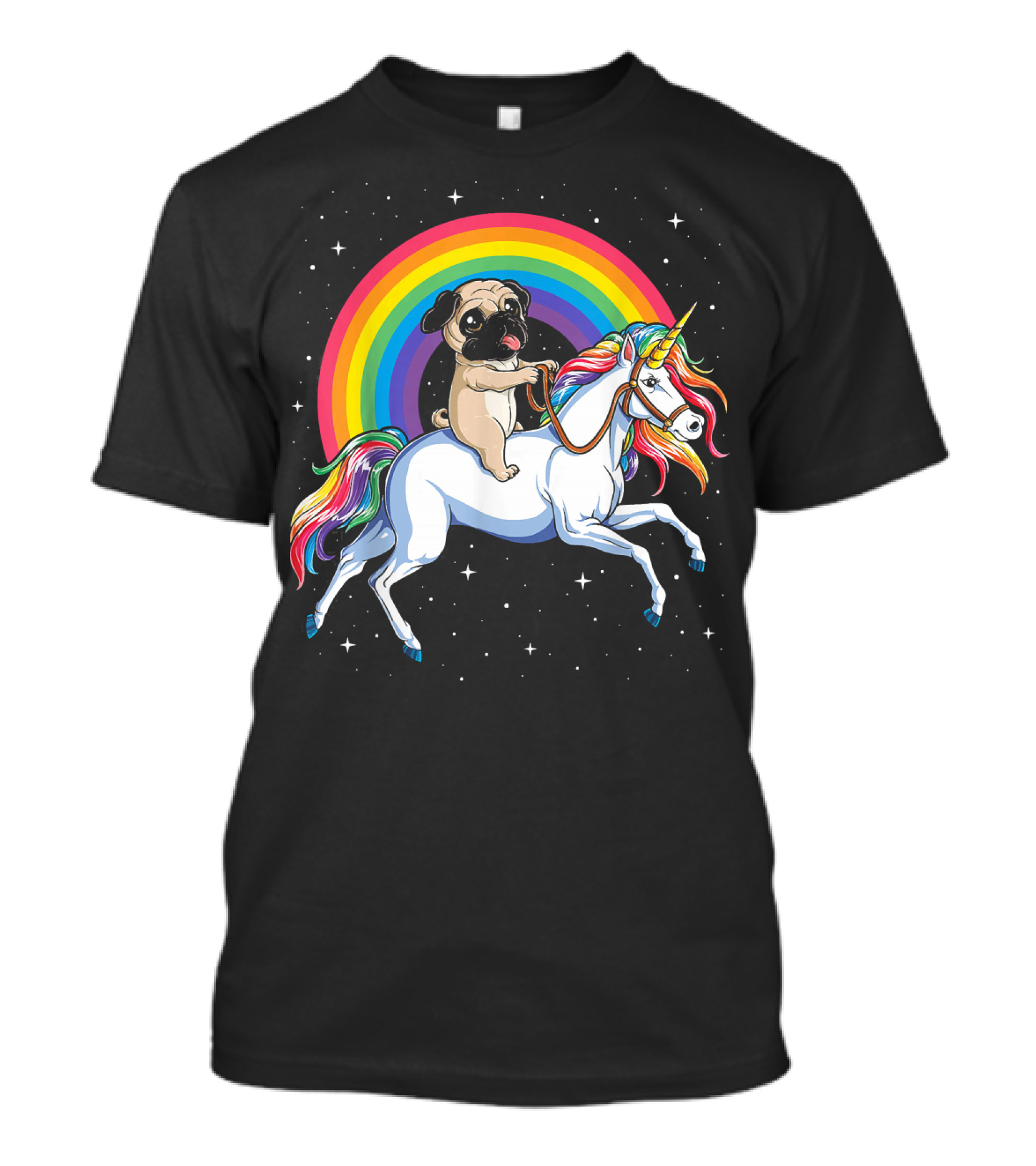 Pug Riding Unicorn Rainbow Girls Kids Space Gal T-Shirt
