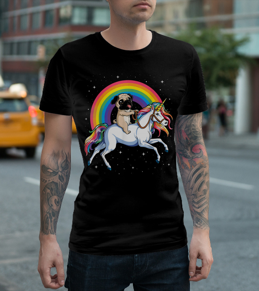 Pug Riding Unicorn Rainbow Girls Kids Space Gal T-Shirt