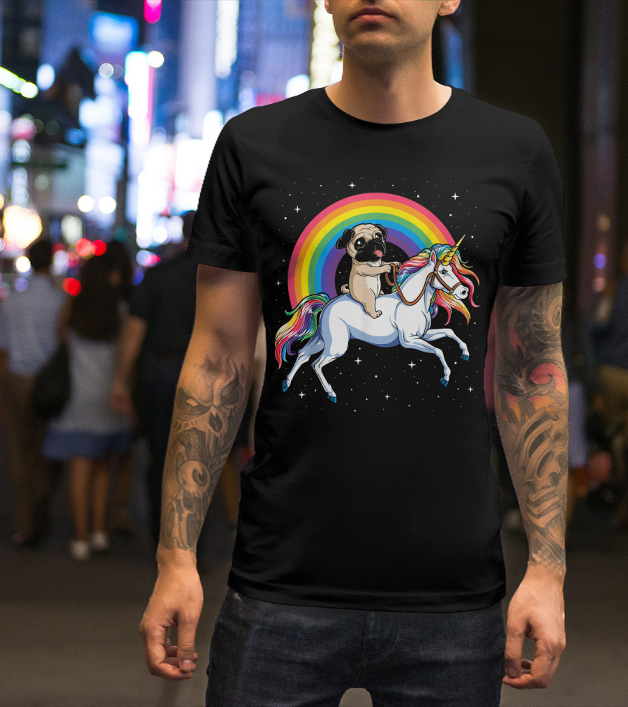 Pug Riding Unicorn Rainbow Girls Kids Space Gal T-Shirt