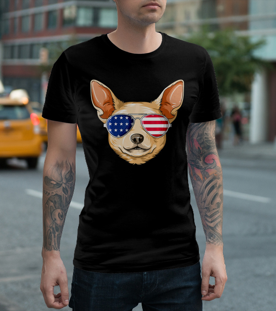Patriotic Chihuahua with American Flag Glasses USA T-Shirt