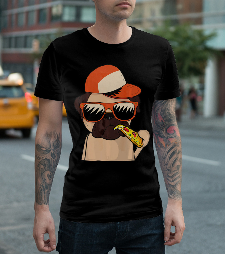 Pug Eating Pizza Funny Dog Wearing Cap and Sunglasses Pizza Food T-Shirt