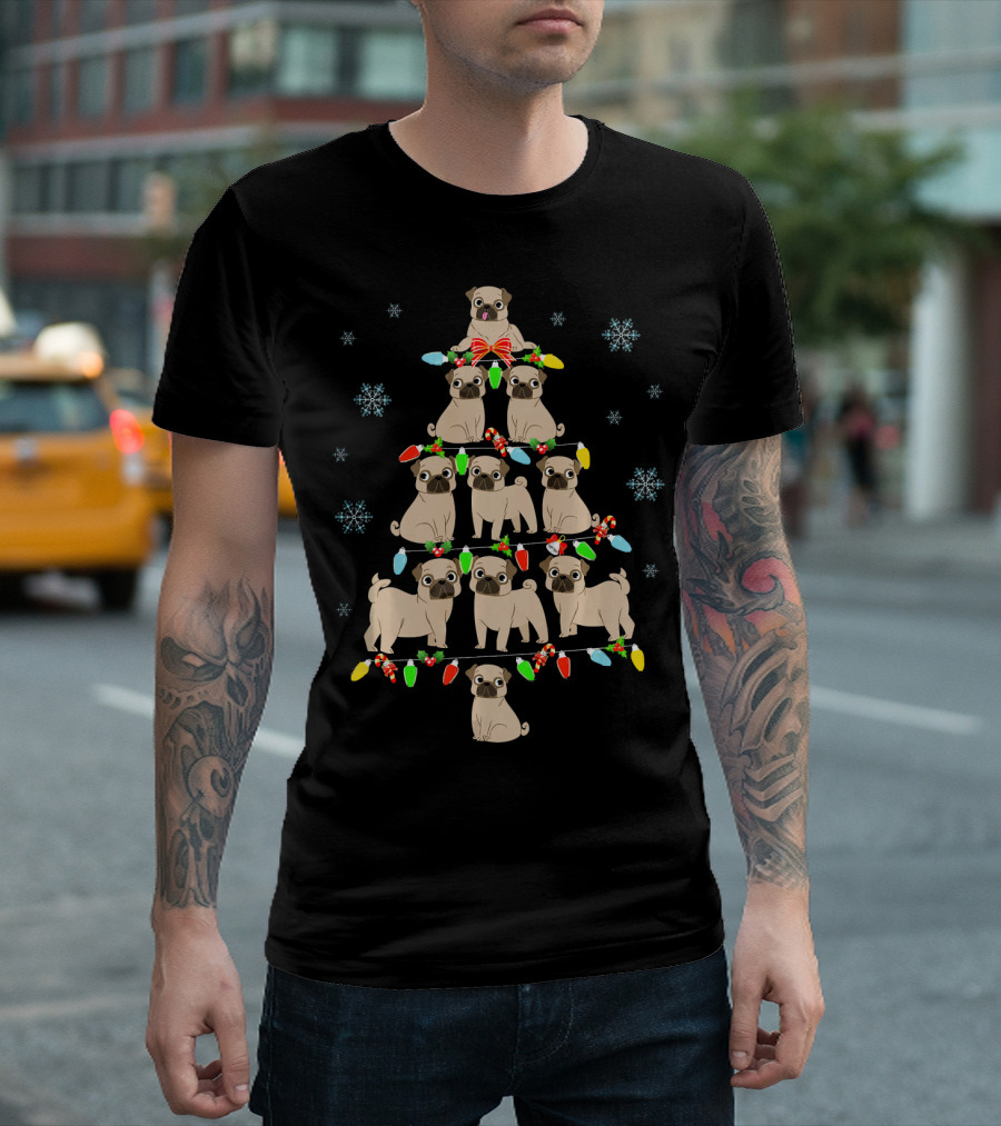 Pug Christmas Tree with Pug Santa Hat and Lights T-Shirt