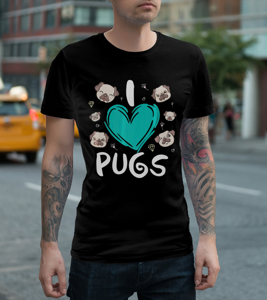 I Love Pugs Cute Heart And Puppy Faces Sleep Over Top T-Shirt