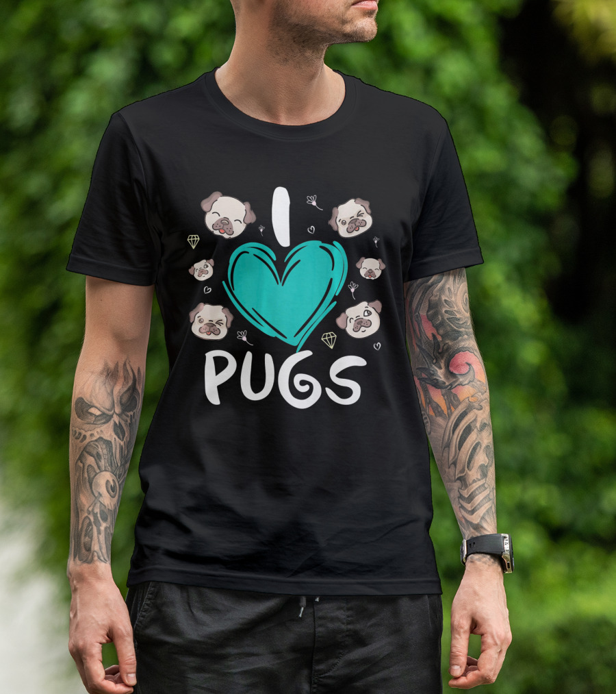 I Love Pugs Cute Heart And Puppy Faces Sleep Over Top T-Shirt