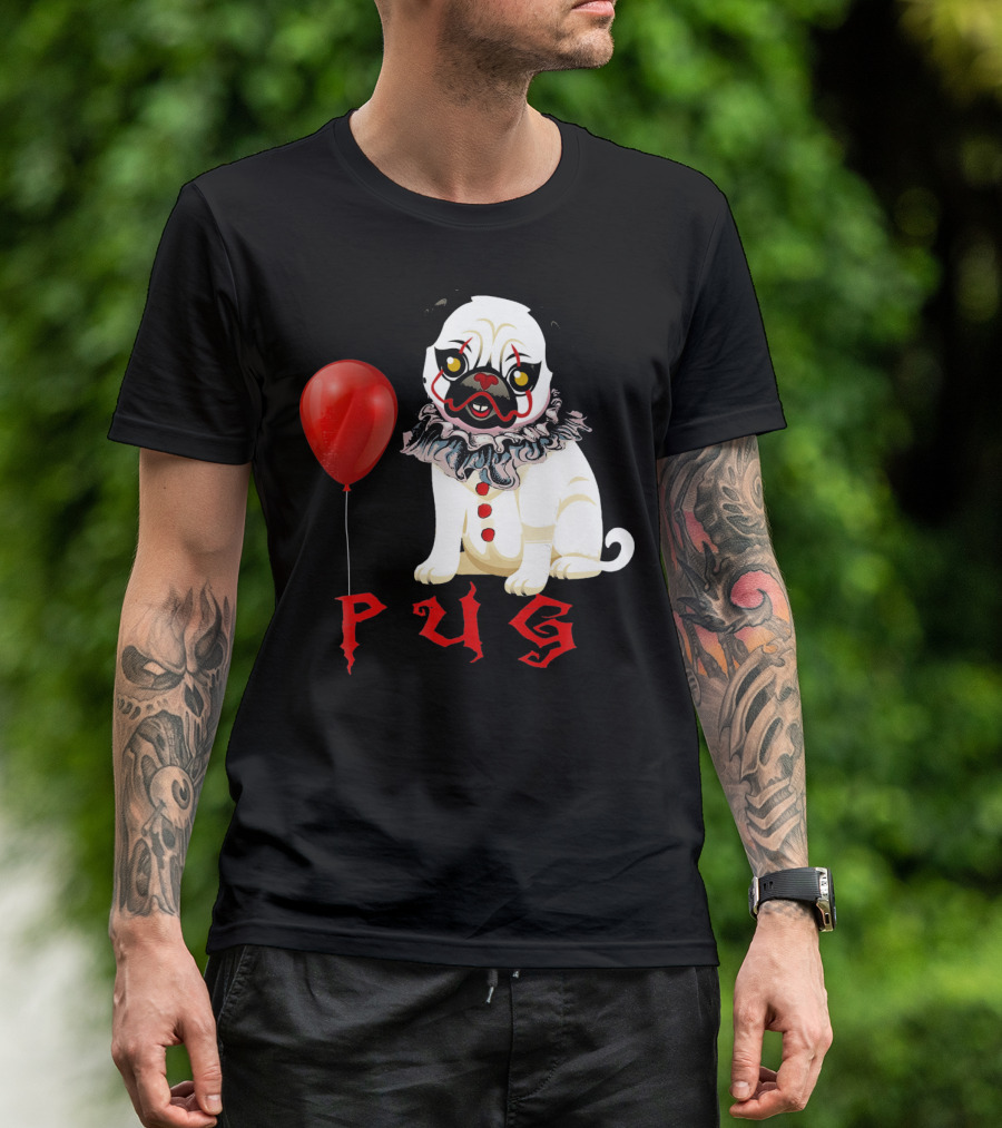 Pug Clown Horror Halloween Costume With Red Balloon T-Shirt