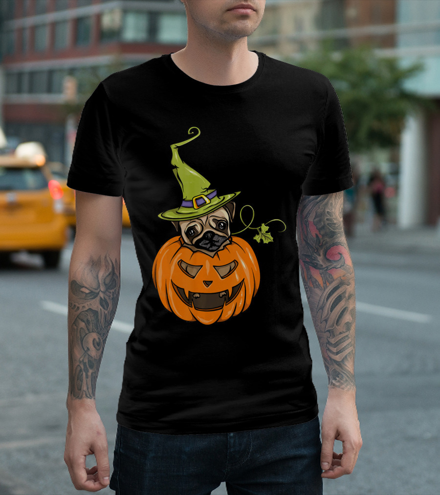 Halloween Pug Witch Pumpkin Costume Women T-Shirt