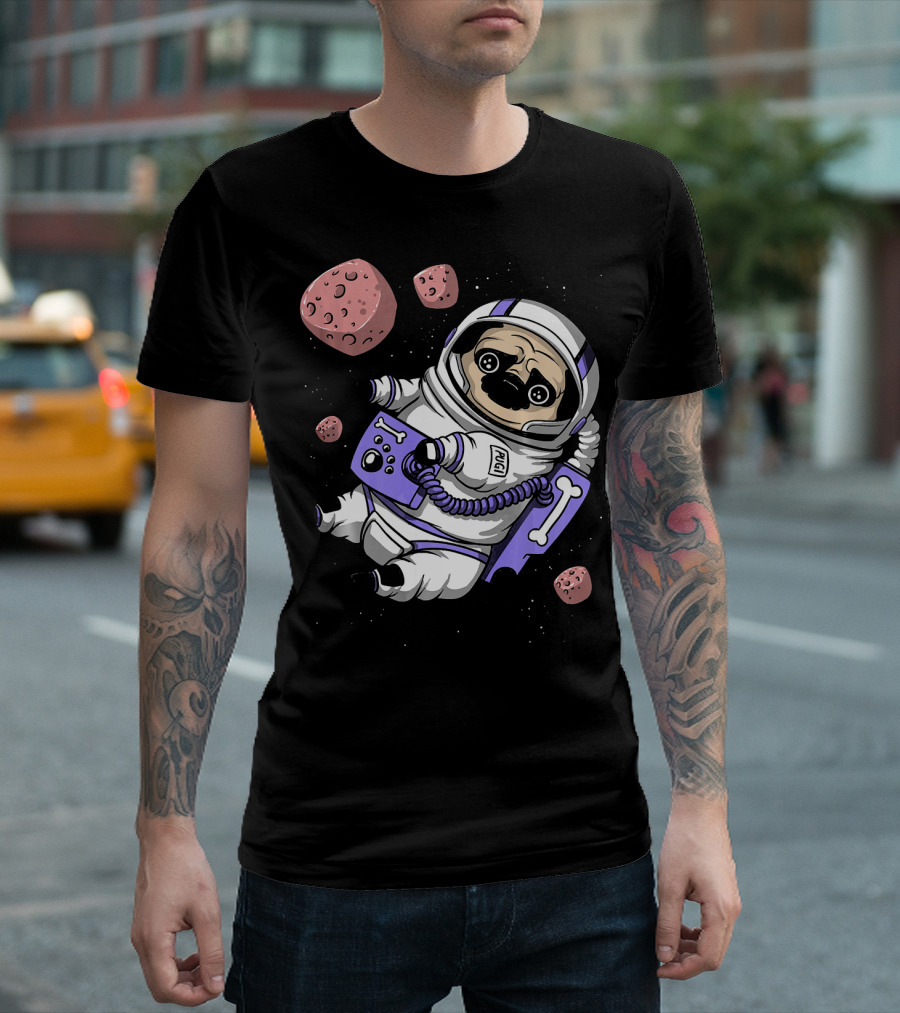 Pug Dog Astronaut Floating in Space with Funny Pet T-Shirt