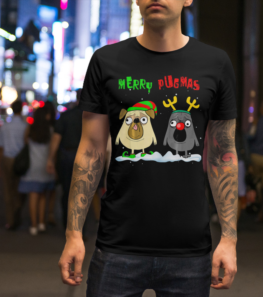 Merry Pugmas Pug Christmas Reindeer Elf Party Xmas T-Shirt