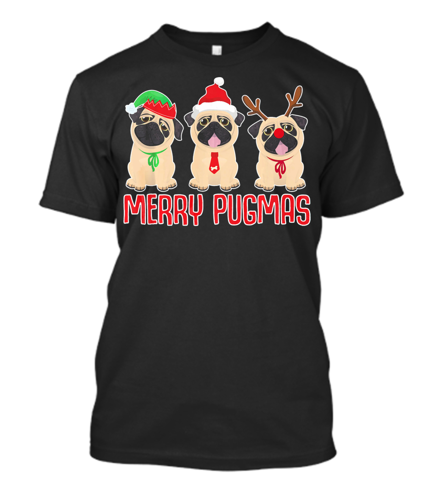 Merry Pugmas Three Festive Pugs With Hats And Antlers T-Shirt
