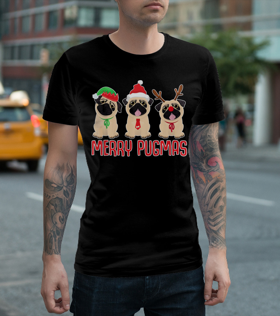 Merry Pugmas Three Festive Pugs With Hats And Antlers T-Shirt