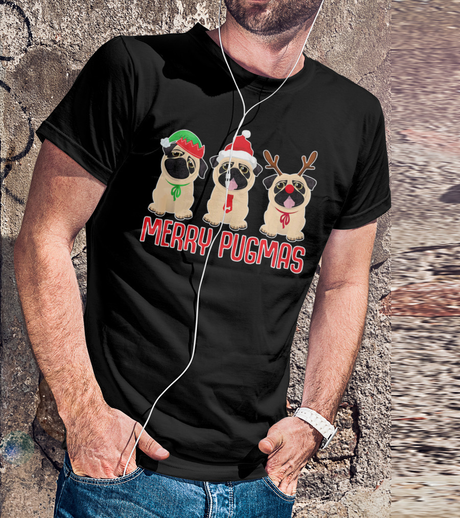 Merry Pugmas Three Festive Pugs With Hats And Antlers T-Shirt