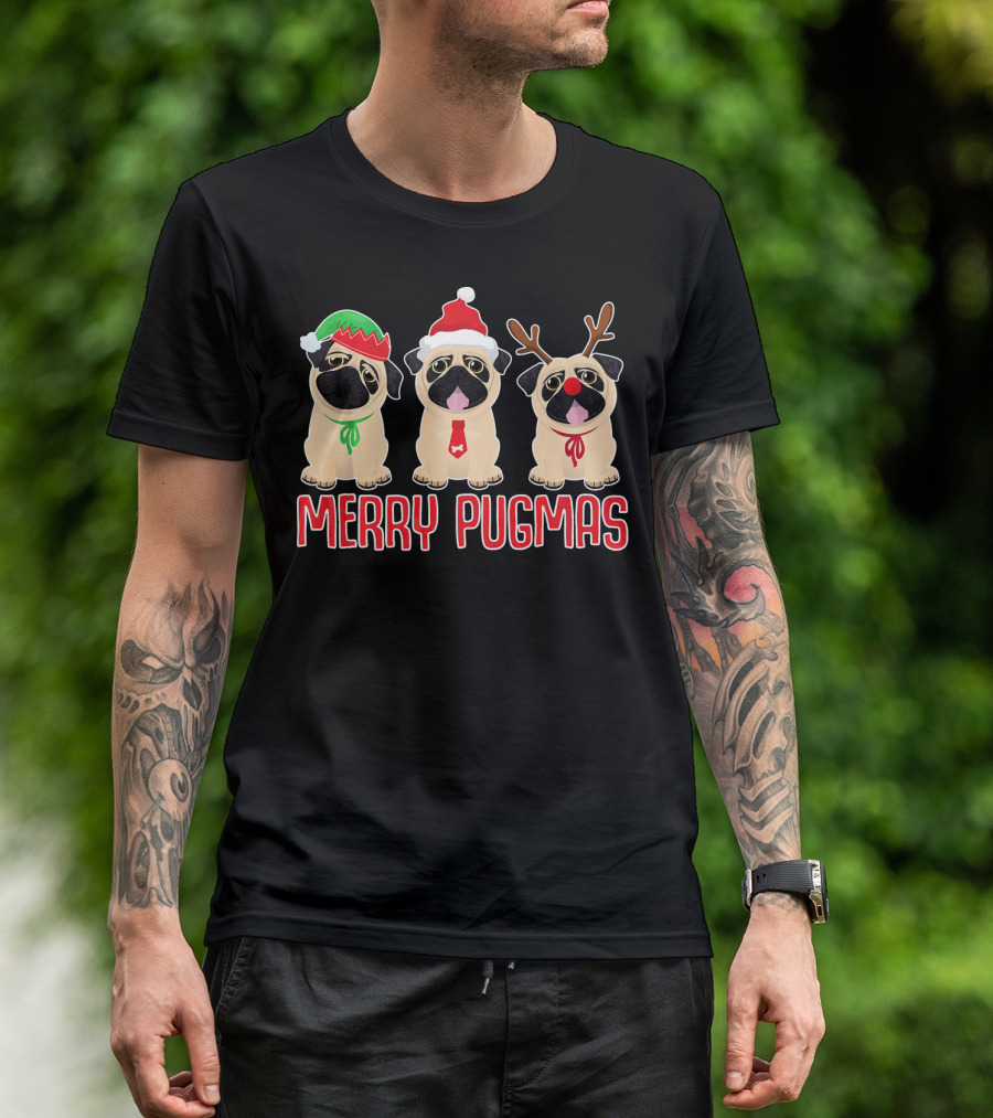 Merry Pugmas Three Festive Pugs With Hats And Antlers T-Shirt