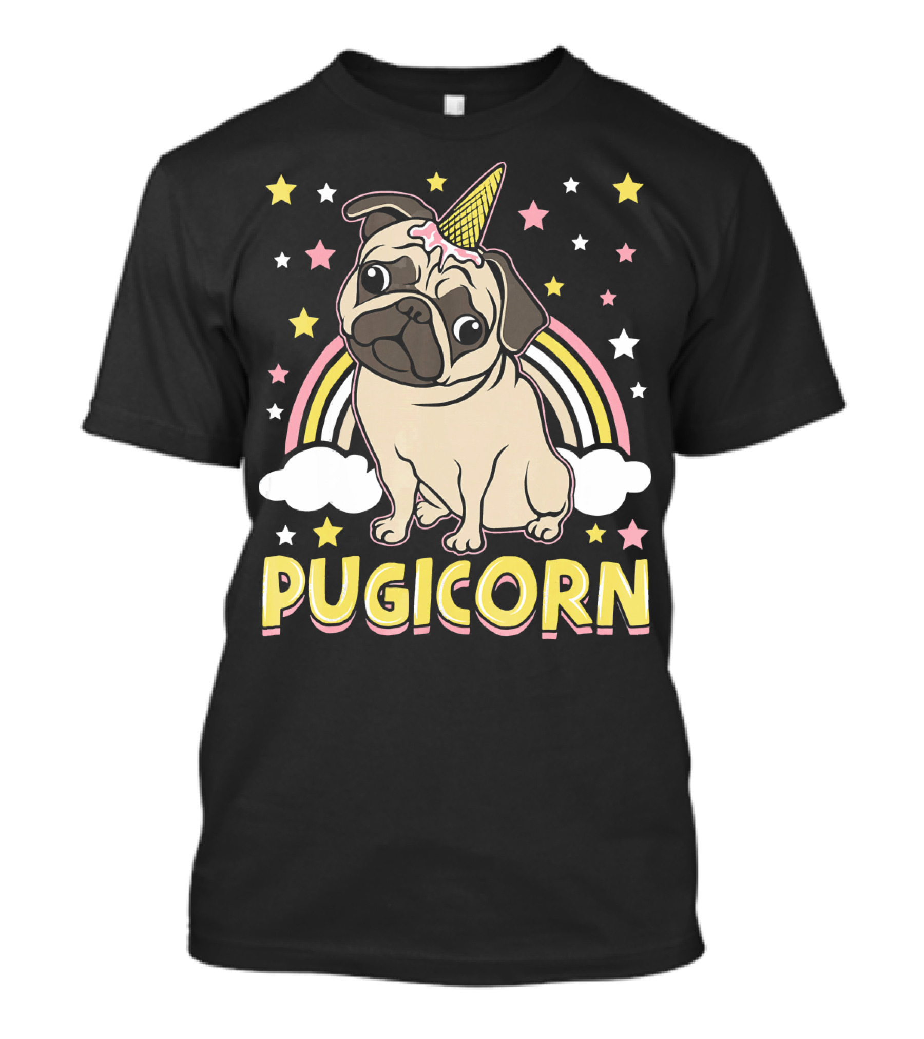 Pugicorn Unicorn Pug Ice Cream Cone Rainbow Stars T-Shirt