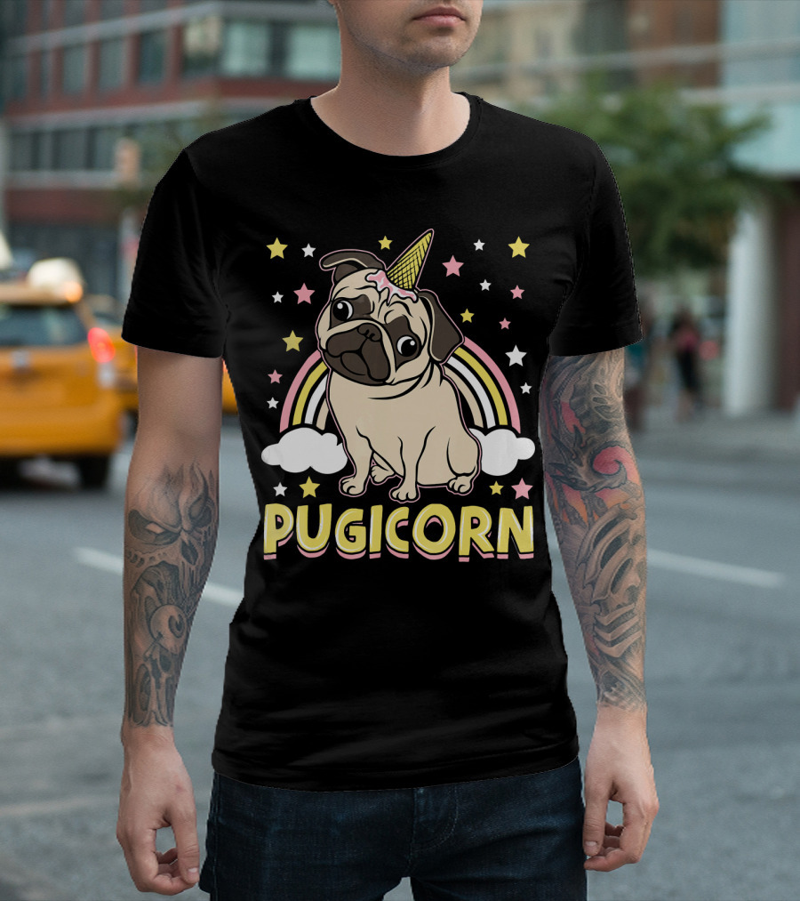 Pugicorn Unicorn Pug Ice Cream Cone Rainbow Stars T-Shirt