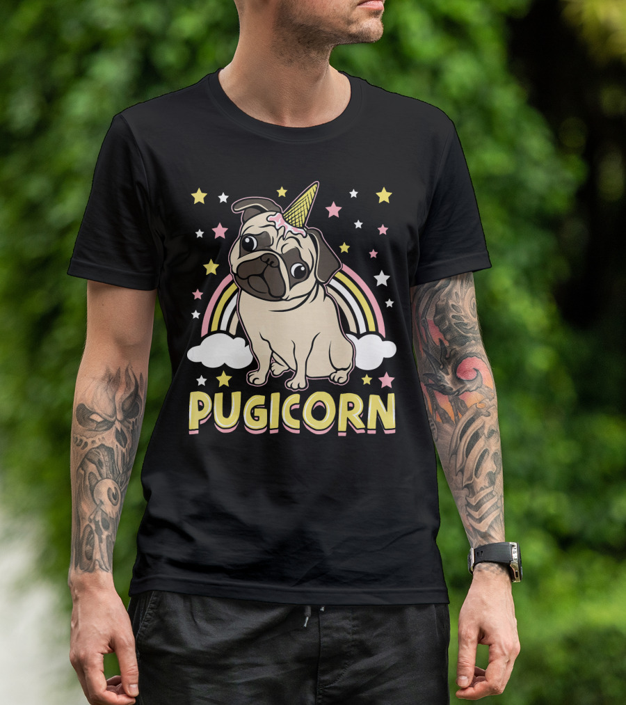 Pugicorn Unicorn Pug Ice Cream Cone Rainbow Stars T-Shirt