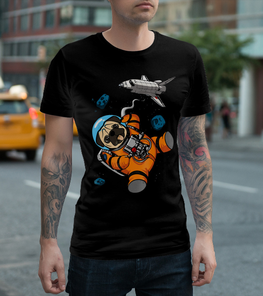 Pug Astronaut Floating with Space Shuttle and Asteroids in Galaxy T-Shirt