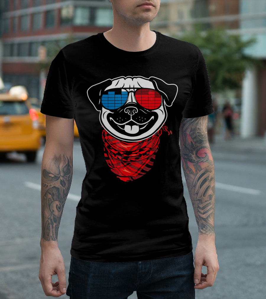 Pug LED Sound Activated Glow Light Red And Blue Sunglasses T-Shirt
