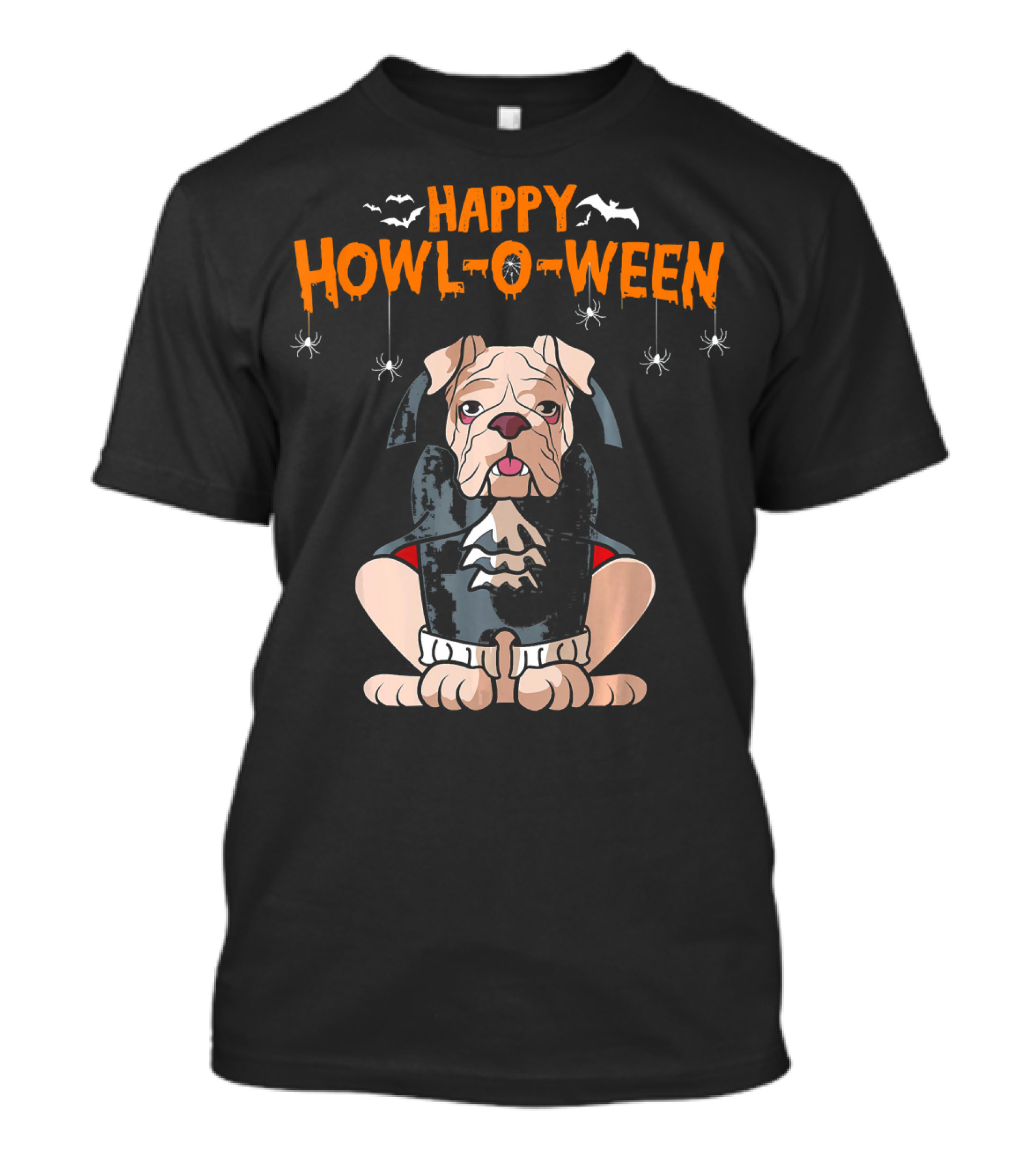Happy Howl-o-Ween English Bulldog Vampire With Bats And Spiders T-Shirt
