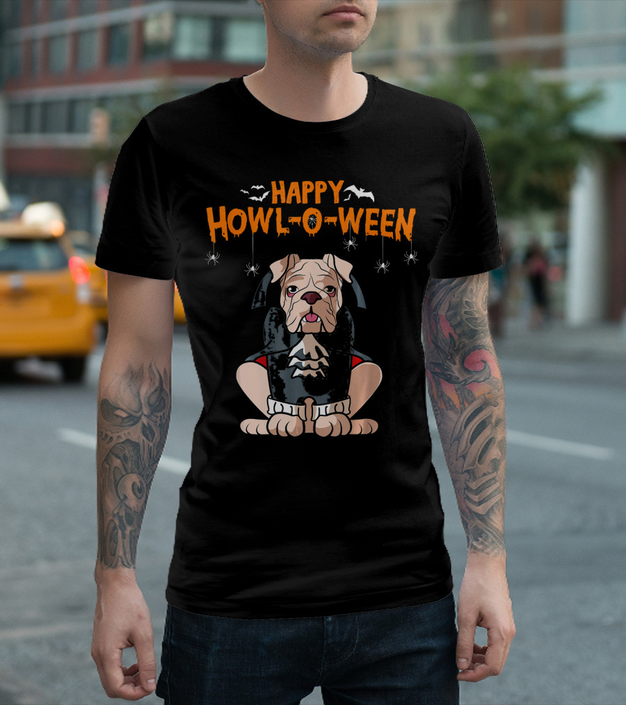 Happy Howl-o-Ween English Bulldog Vampire with Bats and Spiders T-Shirt