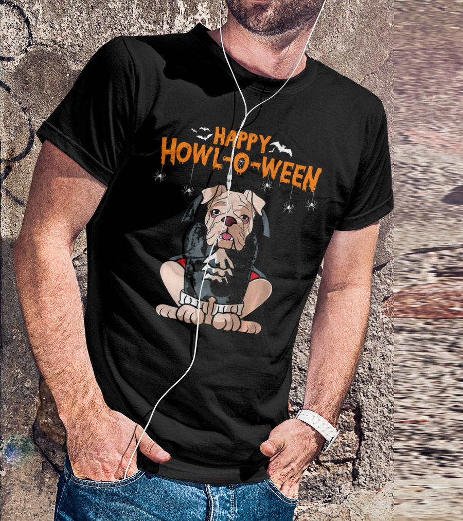 Happy Howl-o-Ween English Bulldog Vampire With Bats And Spiders T-Shirt