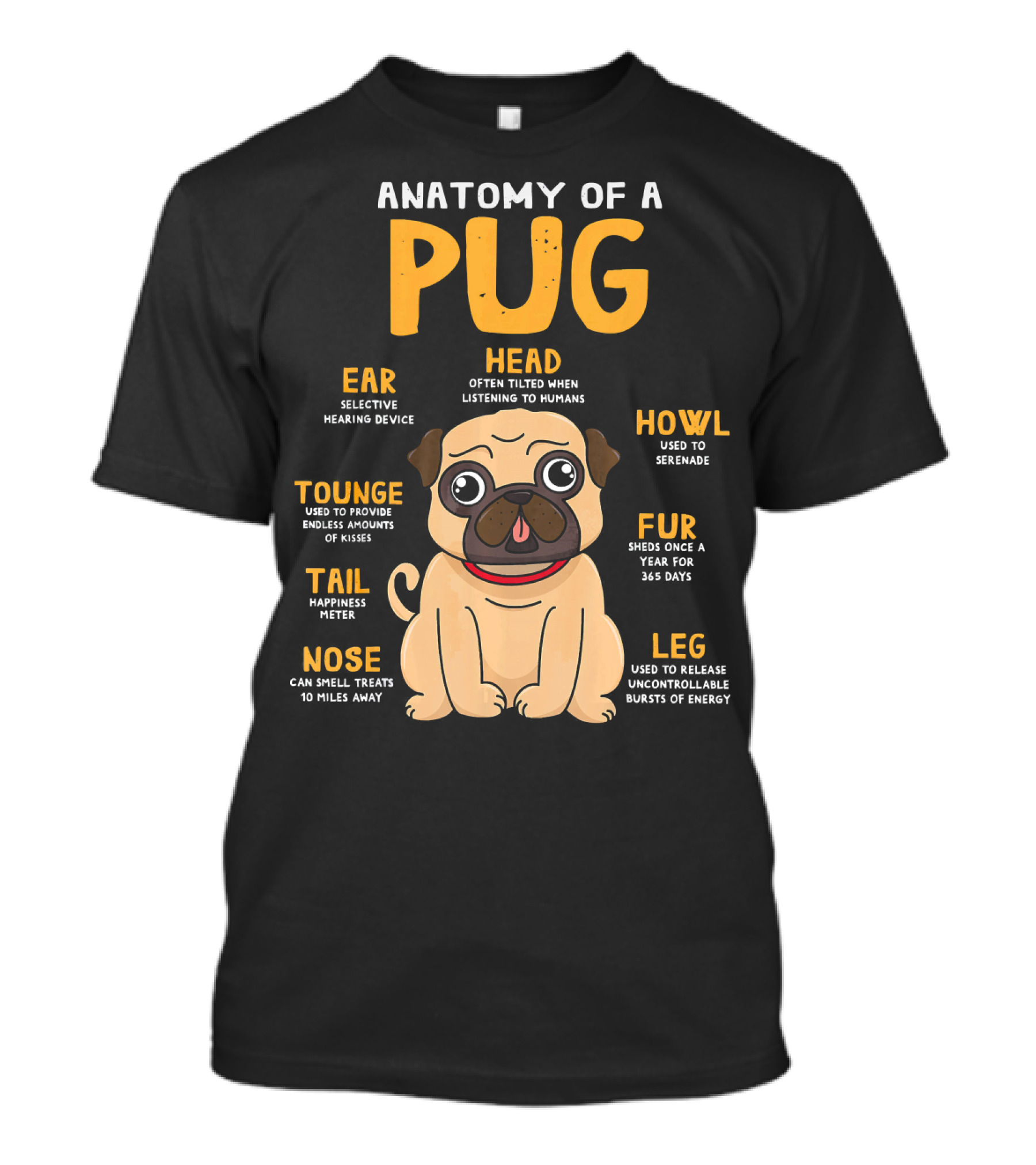 Anatomy Of A Pug Ear Head Tounge Tail Nose Howl Fur Leg T-Shirt