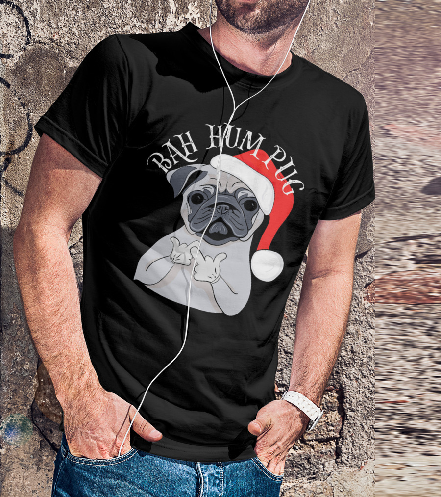 Bah Hum Pug With Santa Hat Sarcastic Middle Finger T-Shirt
