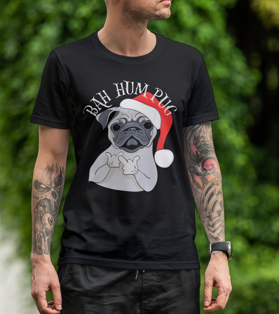 Bah Hum Pug With Santa Hat Sarcastic Middle Finger T-Shirt