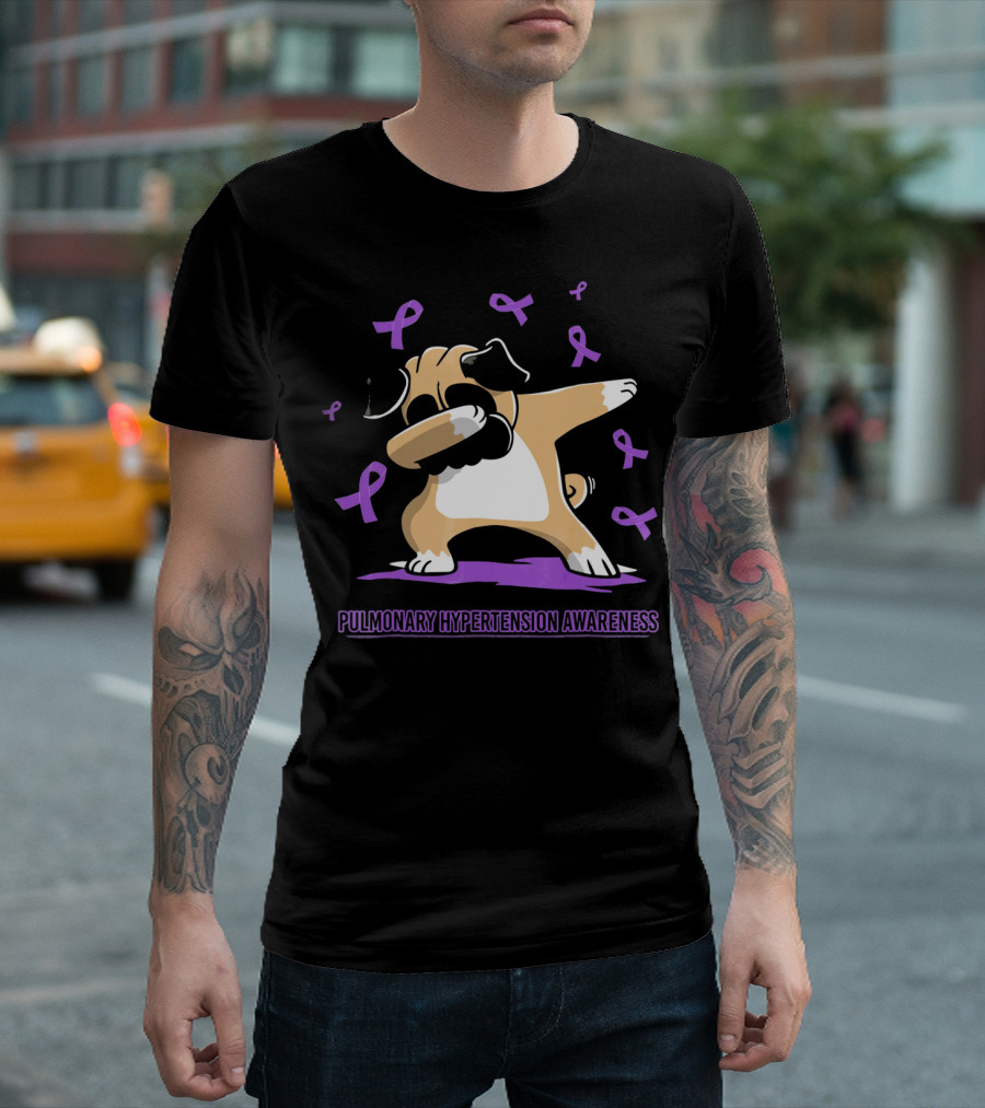 Pulmonary Hypertension Awareness Pug Dog Dabbing with Purple Ribbons T-Shirt
