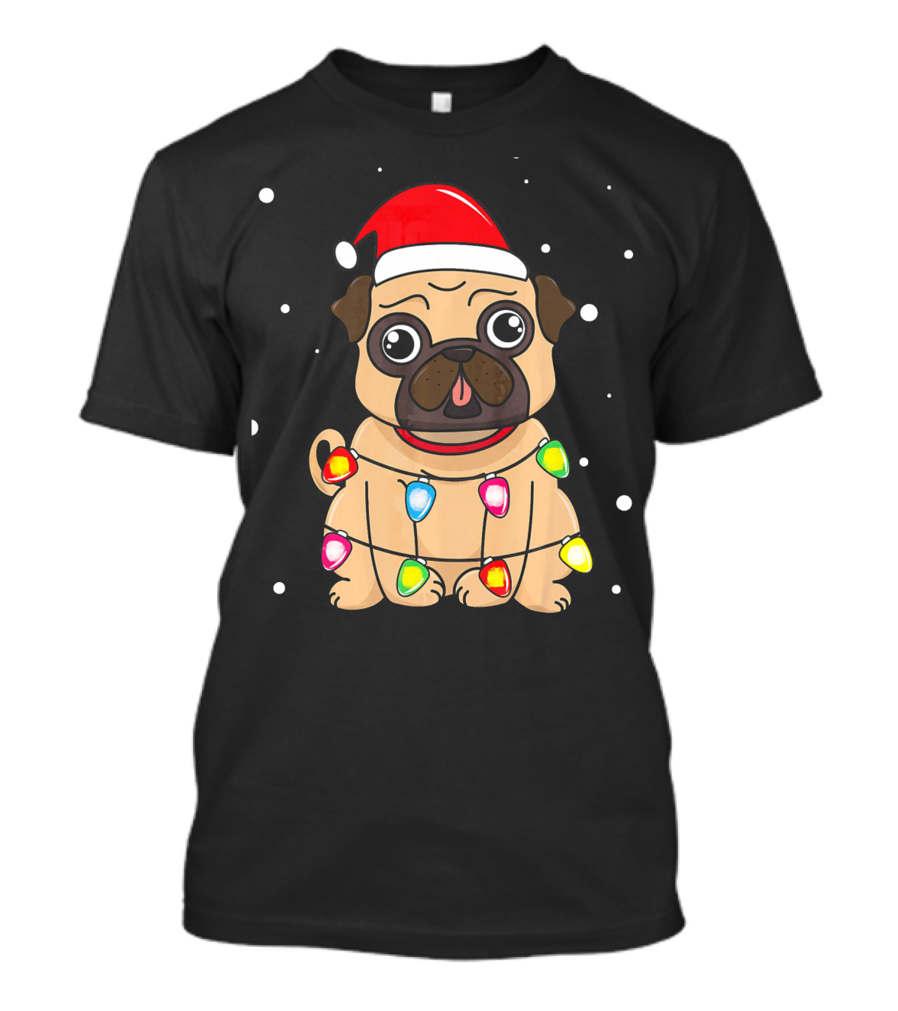 Pug Wearing Santa Hat And Christmas Lights T-Shirt