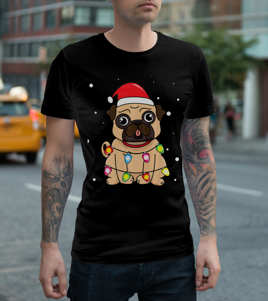 Pug Wearing Santa Hat And Christmas Lights T-Shirt