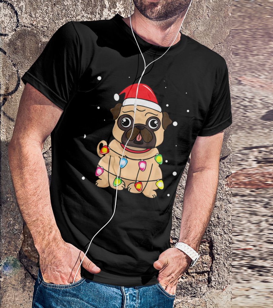 Pug Wearing Santa Hat And Christmas Lights T-Shirt